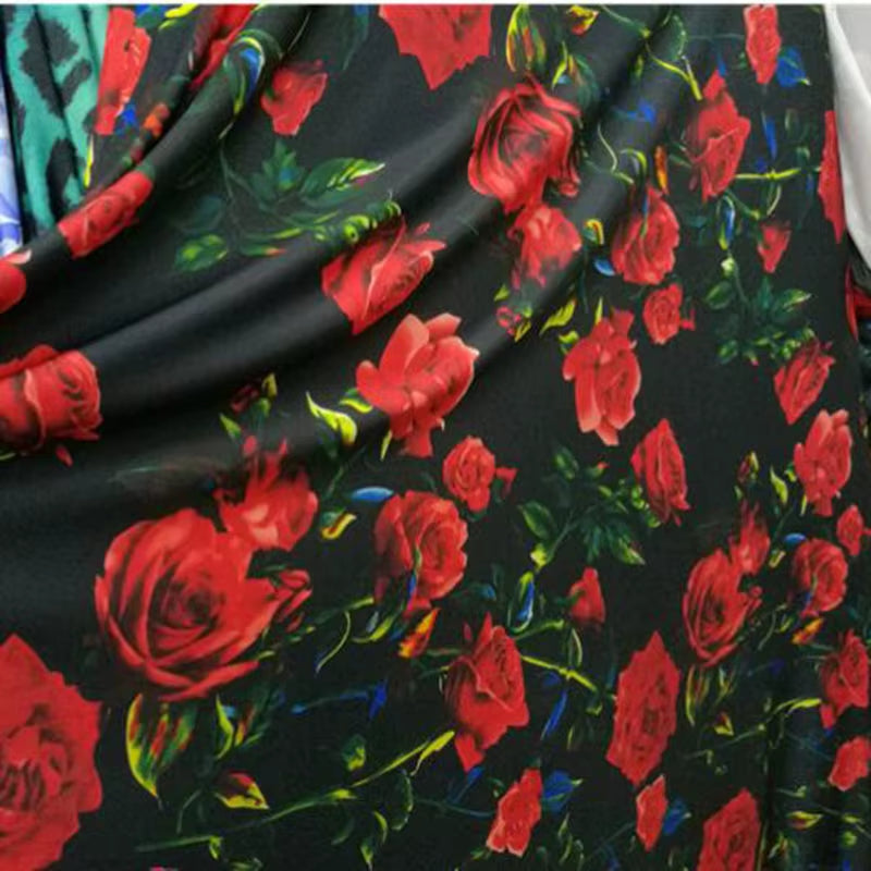 Good,4 Side Elastic,Cotton/Spandex Knitted Fabric,Diy Sewing Dress,Clothing,T-Shirt,Red Rose Flower Printing Sports Dance Fabric