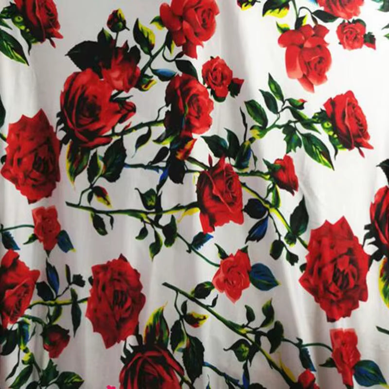 Good,4 Side Elastic,Cotton/Spandex Knitted Fabric,Diy Sewing Dress,Clothing,T-Shirt,Red Rose Flower Printing Sports Dance Fabric
