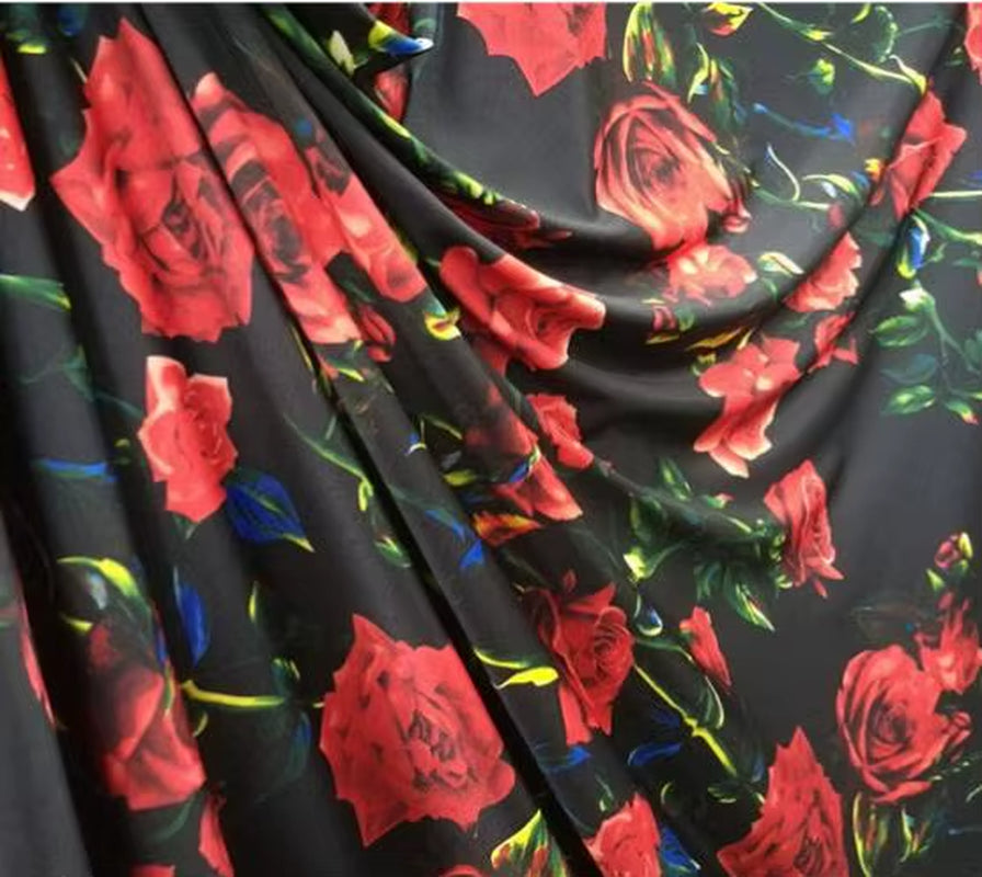 Good,4 Side Elastic,Cotton/Spandex Knitted Fabric,Diy Sewing Dress,Clothing,T-Shirt,Red Rose Flower Printing Sports Dance Fabric